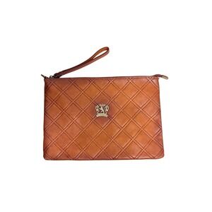 Pratesi Firenze Brown Quilted Leather Wristlet Clutch‎ Bag Made in Italy Cognac